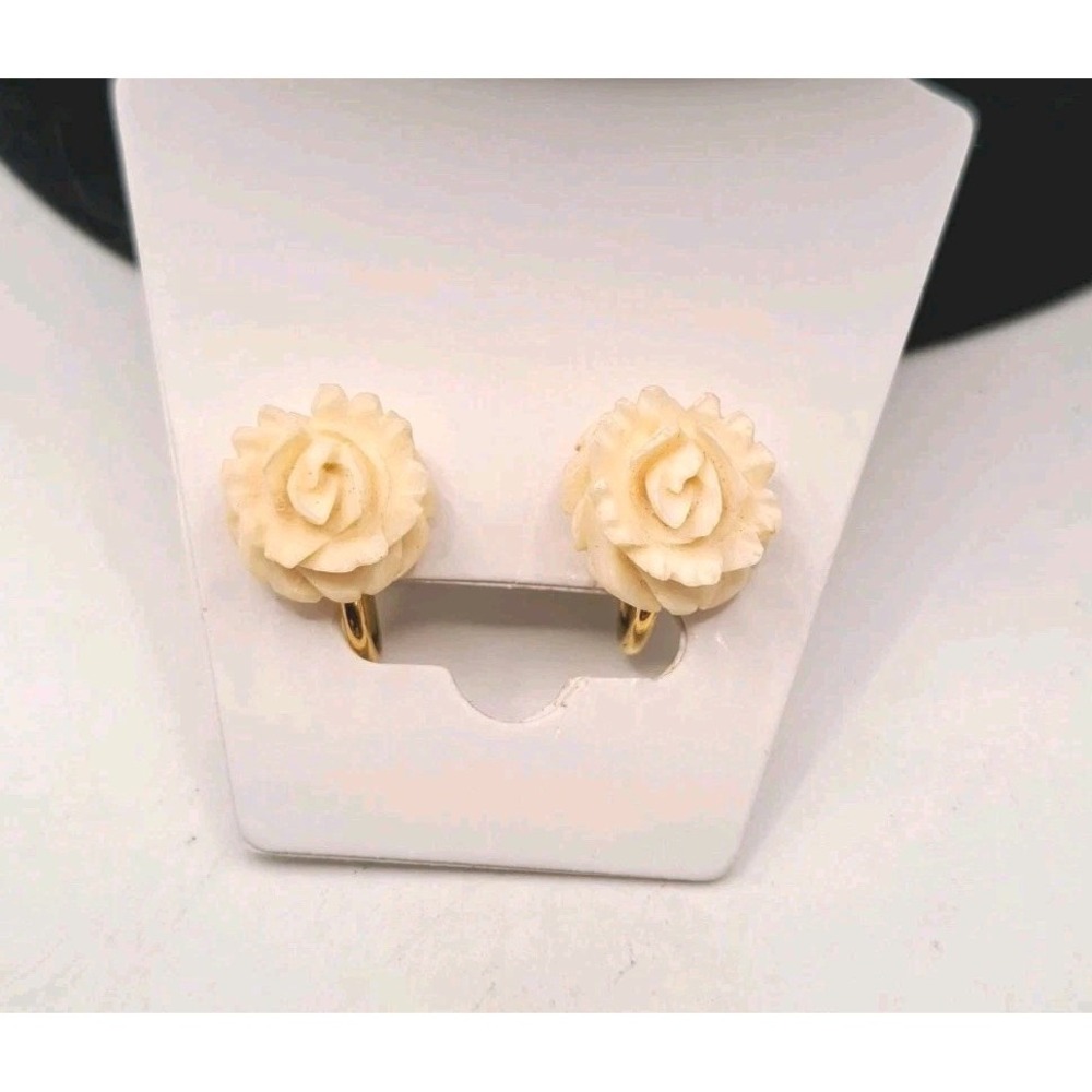 Vtg Charles Reis CRCO 12k Gold Filled Carved Celluloid Rose Screwback Earrings